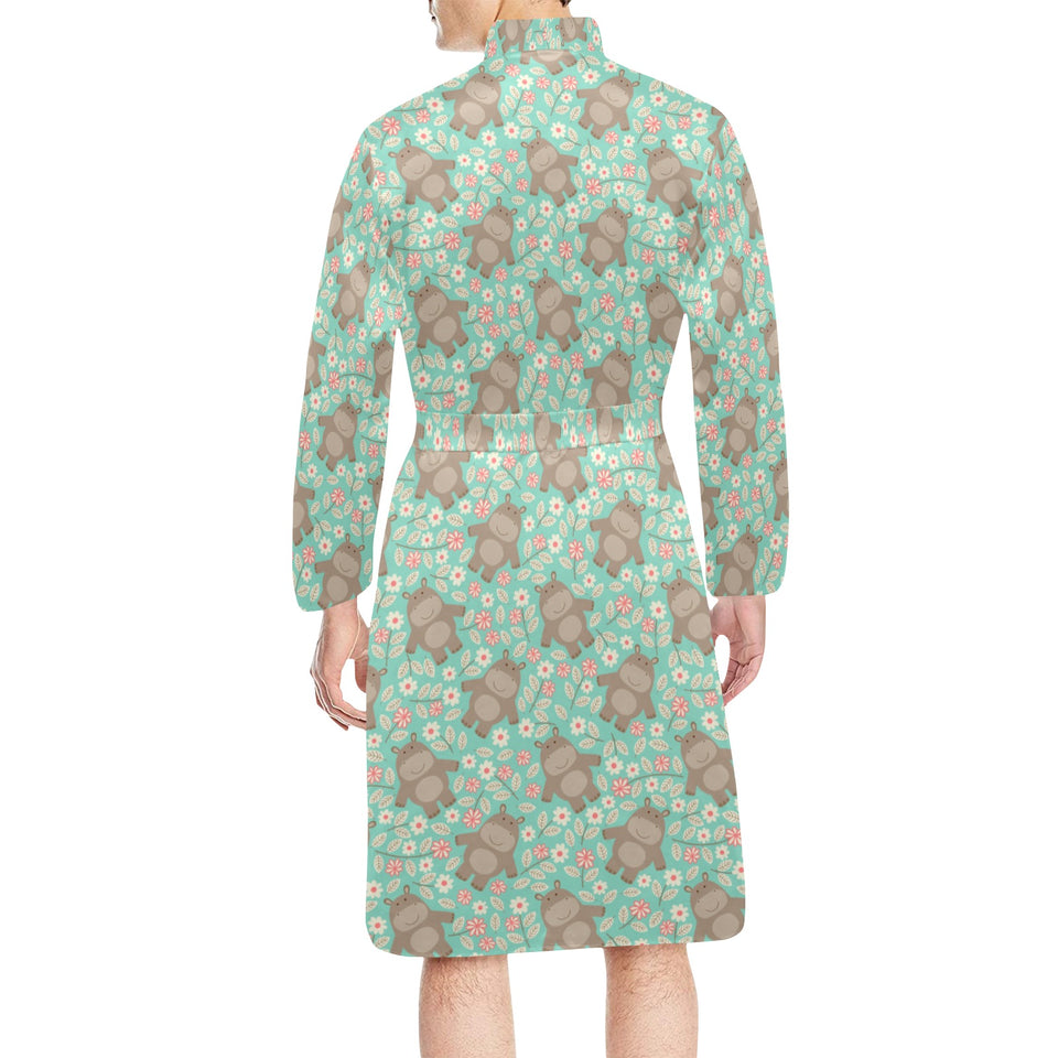 Hippopotamus Pattern Print Design 02 Men's Long Sleeve Belted Night Robe