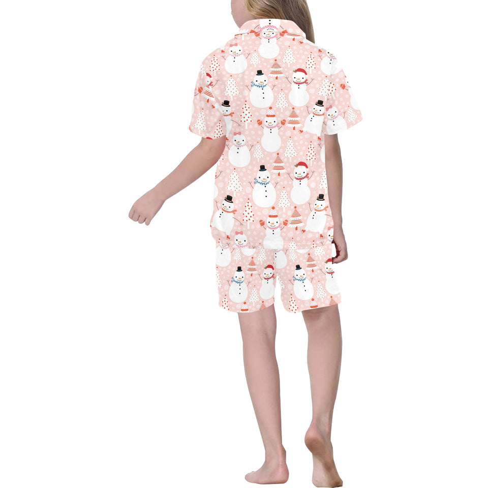 Cute snowman christmas tree snowpink background Kids' Boys' Girls' V-Neck Short Pajama Set