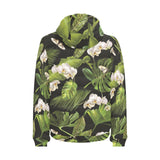 White orchid flower tropical leaves pattern blackg Men's Padded Hooded Jacket