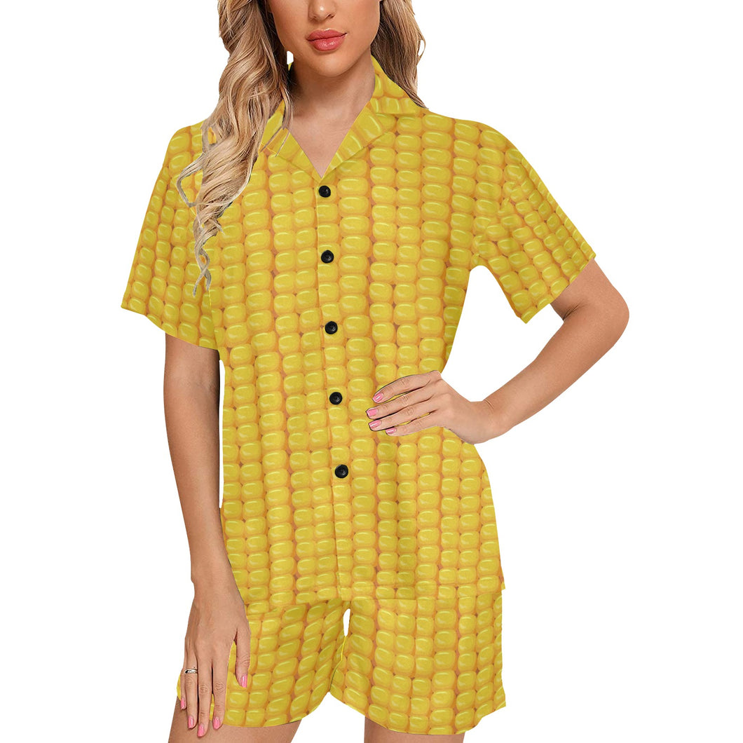 Corn Pattern Print Design 04 Women's V-Neck Short Pajama Set