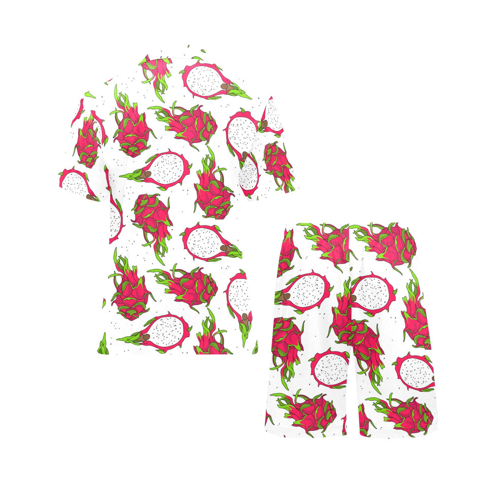 dragon fruits white background Men's V-Neck Short Pajama Set