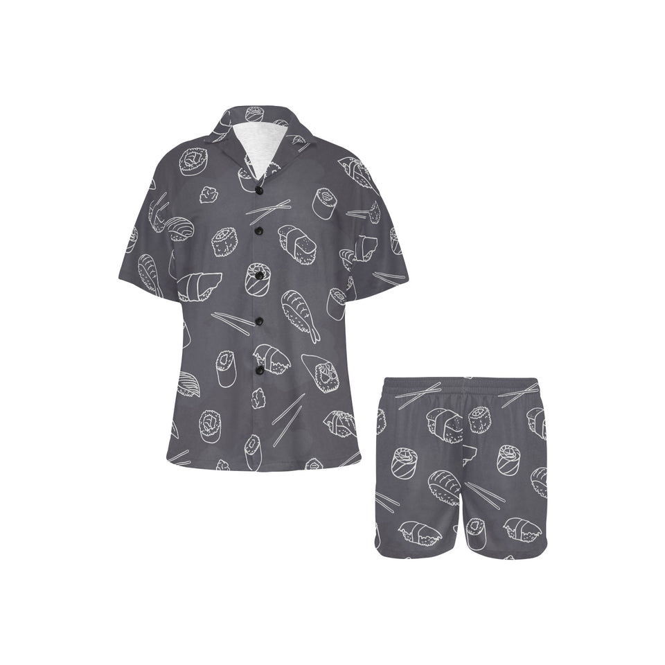 sushi pattern black background Women's V-Neck Short Pajama Set
