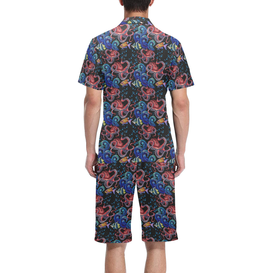Octopus sea wave tropical fishe pattern Men's V-Neck Short Pajama Set