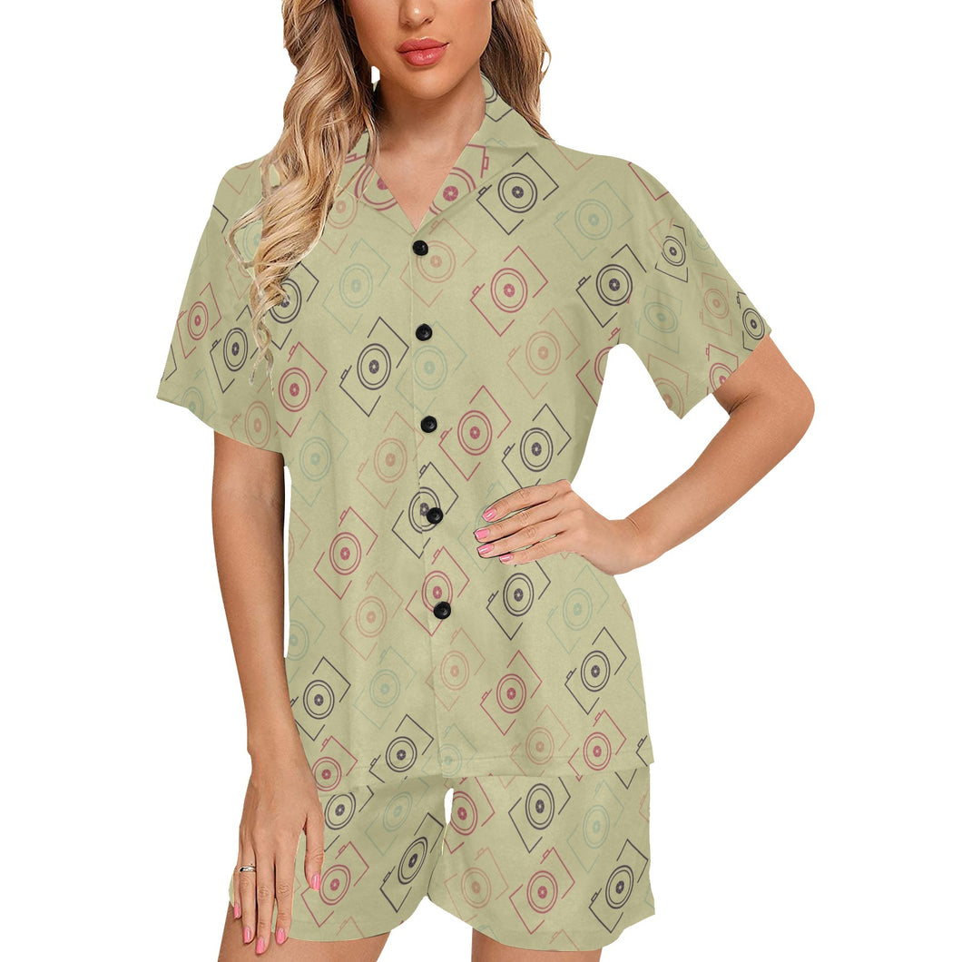 Camera Pattern Print Design 01 Women's V-Neck Short Pajama Set