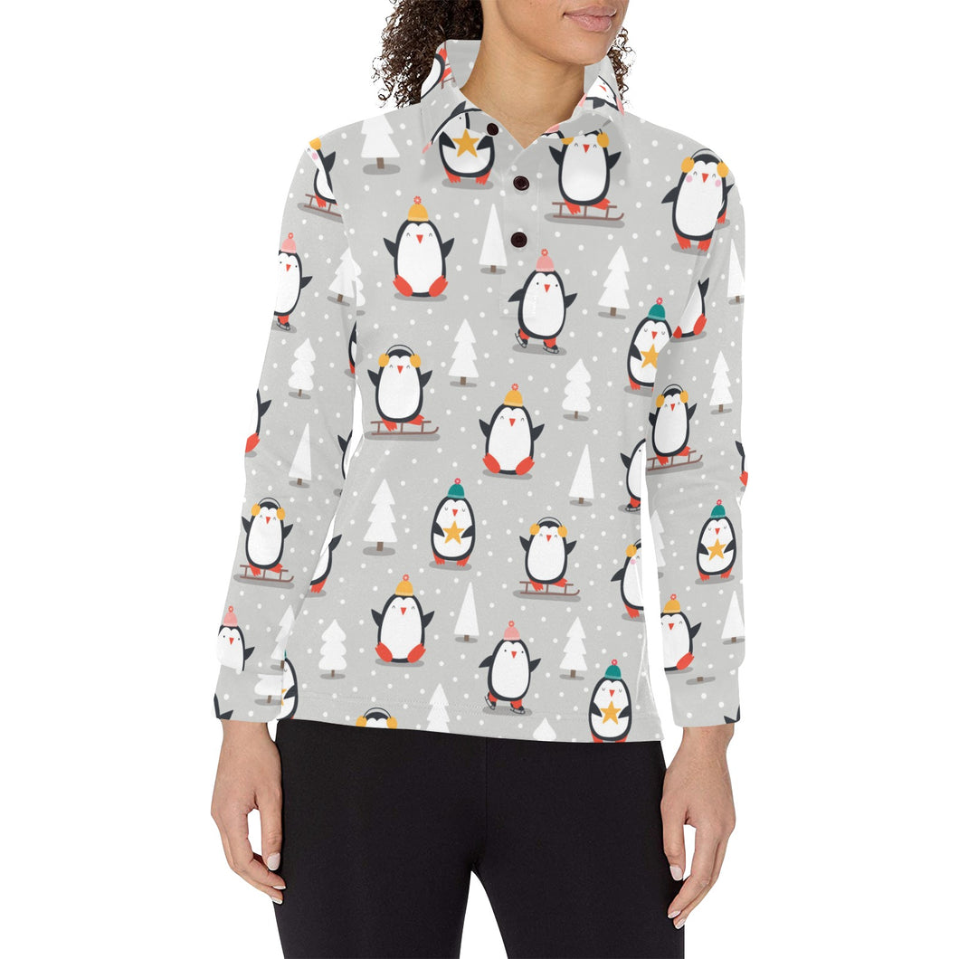 Cute Penguin christmas pattern Women's Long Sleeve Polo Shirt