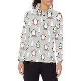 Cute Penguin christmas pattern Women's Long Sleeve Polo Shirt