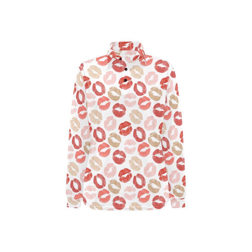 Lips Pattern Print Design 04 Women's Long Sleeve Polo Shirt