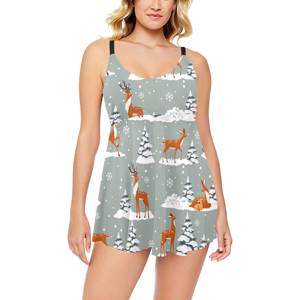 Beautiful deers Winter Christmas Chest Sexy Pleated Two Piece Swim Dress