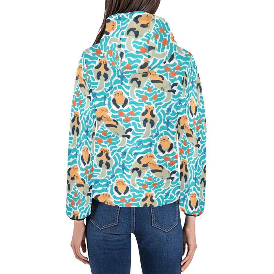 Cute sea otters fishe sea urchin pattern Women's Padded Hooded Jacket