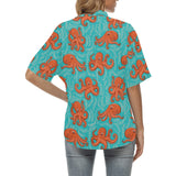Octopus turquoise background Women's All Over Print Hawaiian Shirt