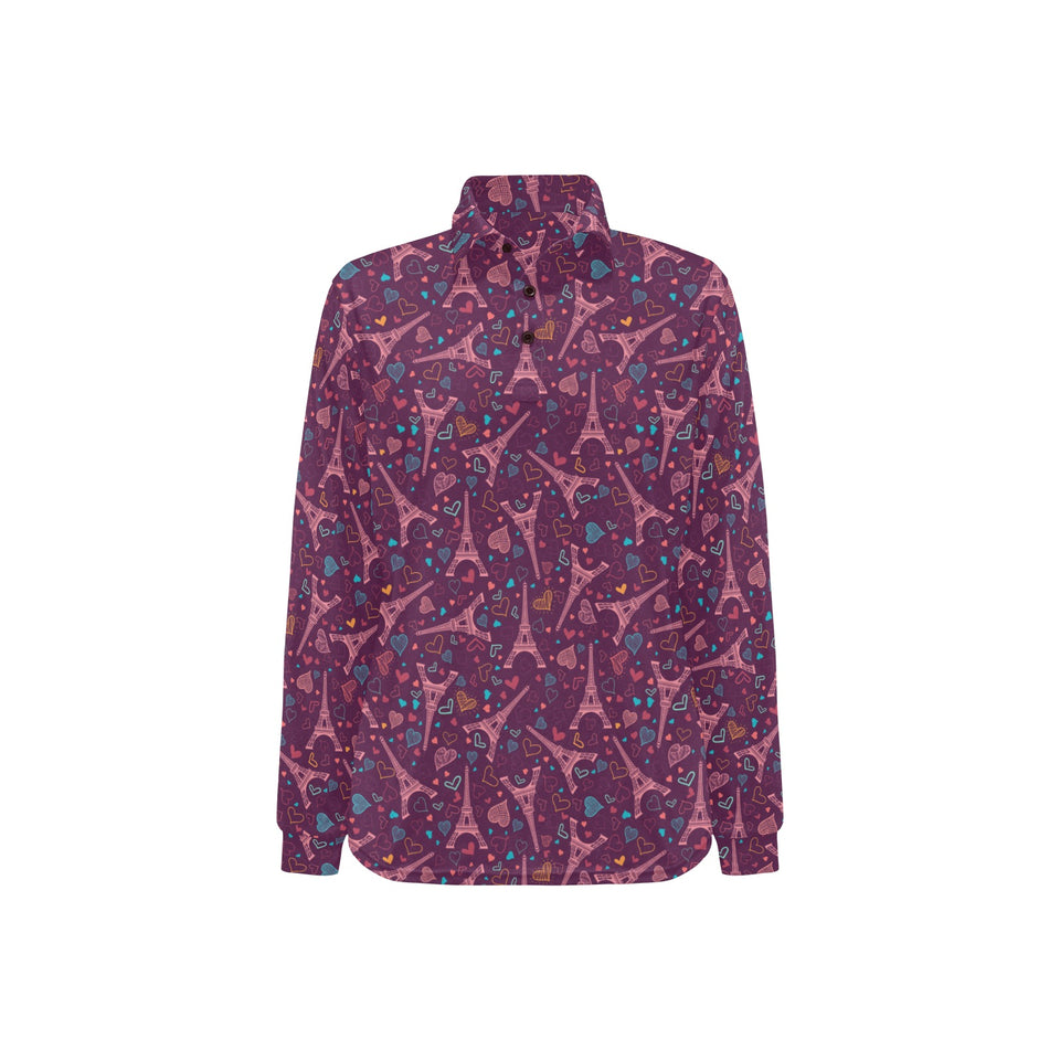 Eiffel Tower Heart Pattern Print Design 04 Women's Long Sleeve Polo Shirt
