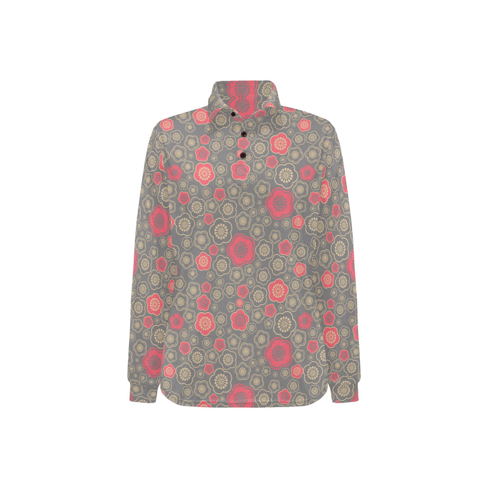 Red gold Sakura cherry blossom gray background Women's Long Sleeve Polo Shirt