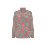 Red gold Sakura cherry blossom gray background Women's Long Sleeve Polo Shirt