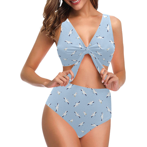 Seagull Pattern Print Design 02 Chest Bowknot High Waisted Bikini Swimsuit