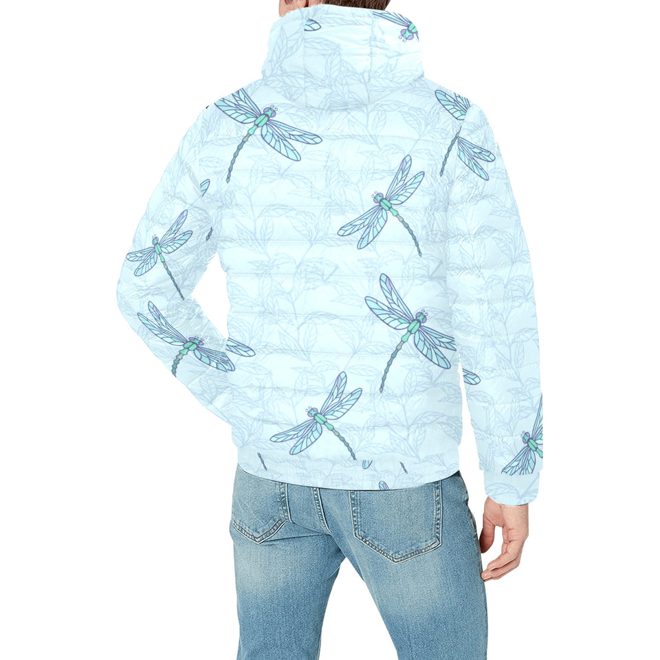 Dragonfly pattern blue background Men's Padded Hooded Jacket