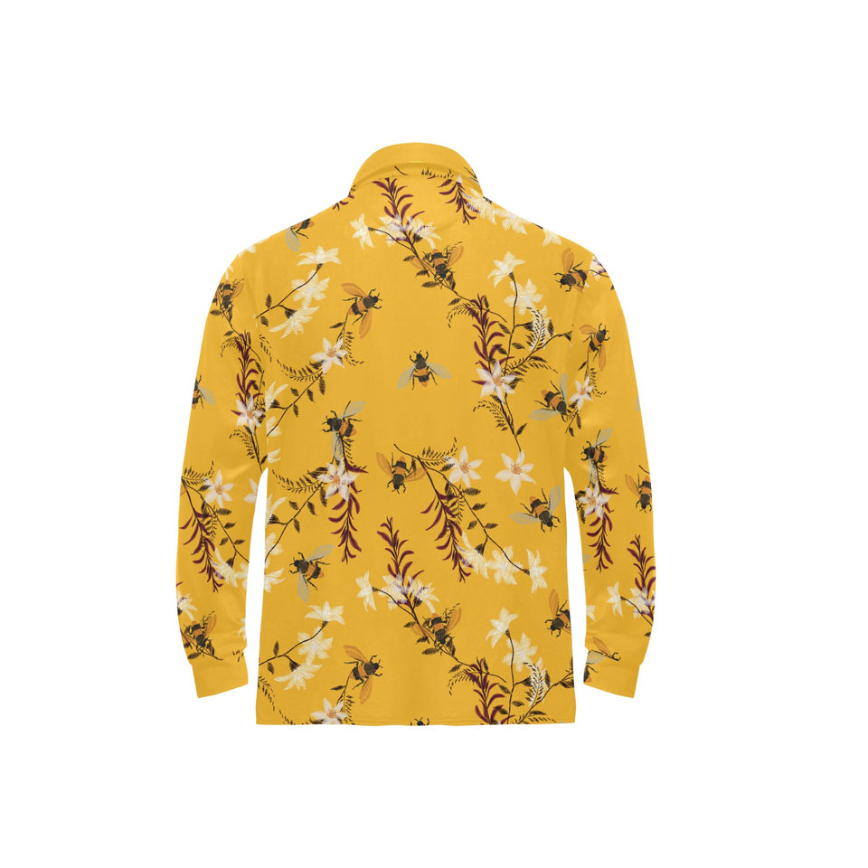 Bee flower pattern Men's Long Sleeve Polo Shirt