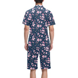 Pink sakura cherry blossom blue background Men's V-Neck Short Pajama Set