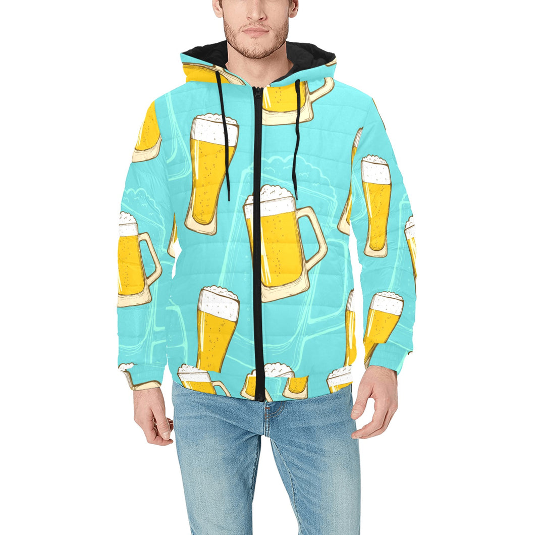 Beer pattern green background Men's Padded Hooded Jacket