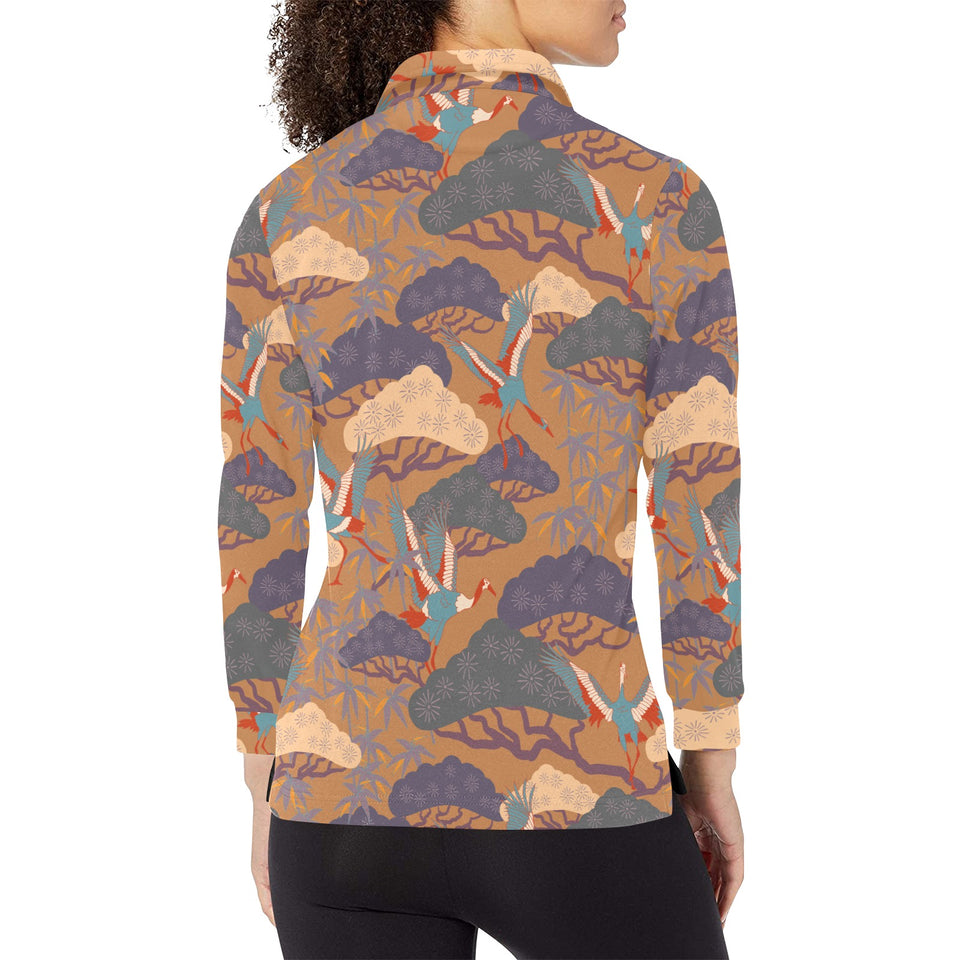 Bonsai bamboo stork japanese pattern brown theme Women's Long Sleeve Polo Shirt