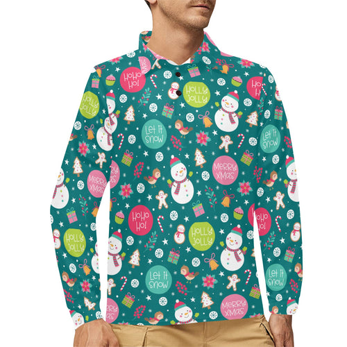 Snowman bird decorative elements christmas pattern Men's Long Sleeve Polo Shirt