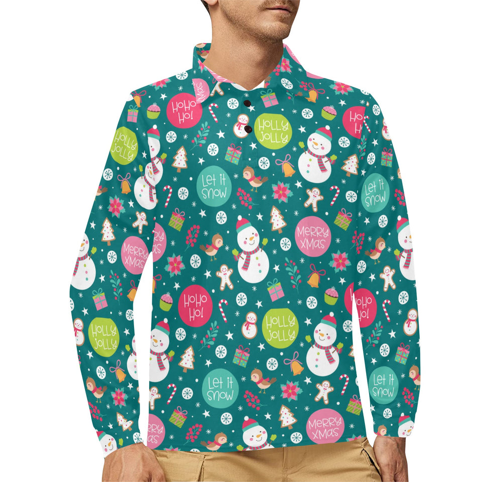 Snowman bird decorative elements christmas pattern Men's Long Sleeve Polo Shirt