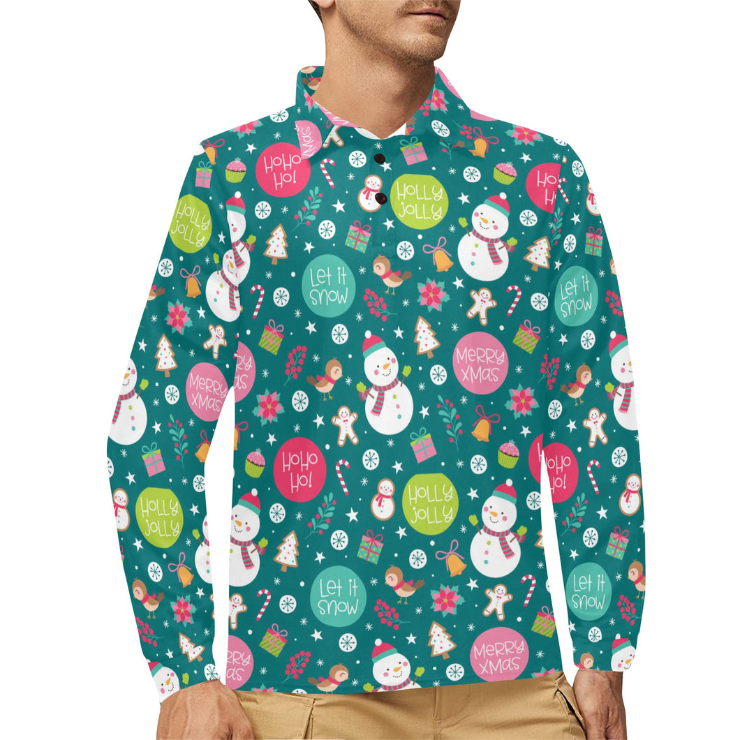 Snowman bird decorative elements christmas pattern Men's Long Sleeve Polo Shirt