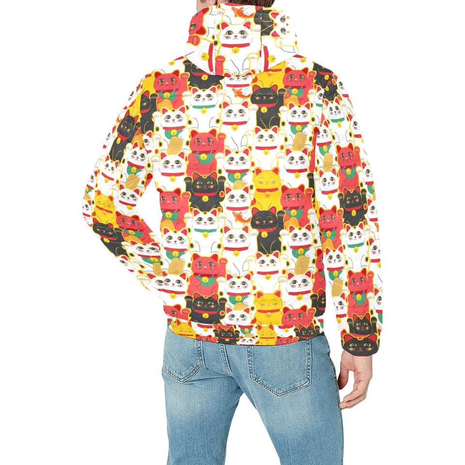 Colorful Maneki neko cat pattern Men's Padded Hooded Jacket
