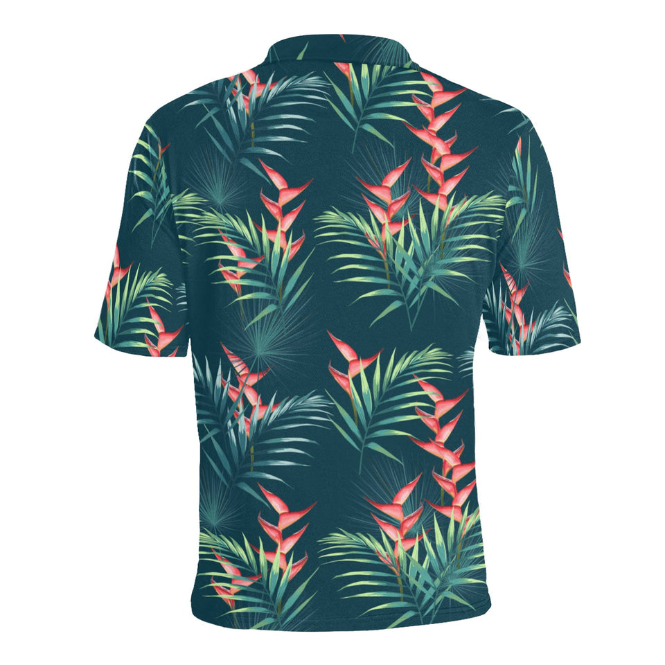 heliconia flowers, palm and monstera leaves on bla Men's All Over Print Polo Shirt