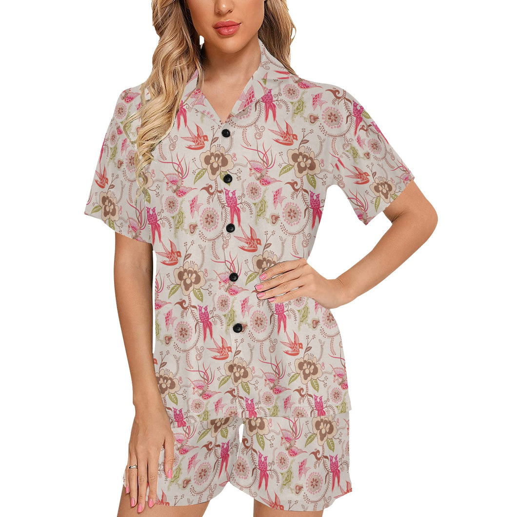 Swallow Pattern Print Design 01 Women's V-Neck Short Pajama Set