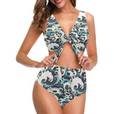 Japanese wave pattern Chest Bowknot High Waisted Bikini Swimsuit