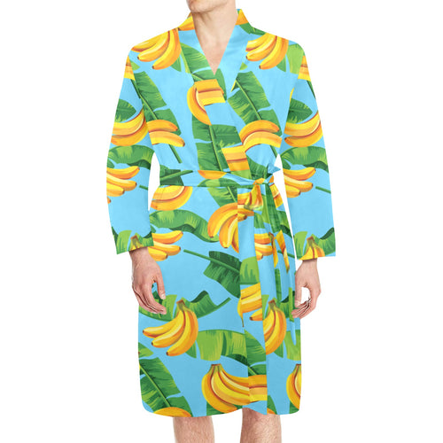 banana leaves banana design pattern Men's Long Sleeve Belted Night Robe