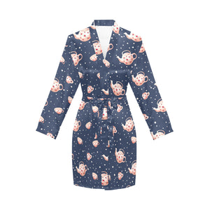 Tea pots Pattern Print Design 04 Women's Long Sleeve Belted Night Robe