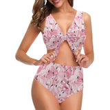 Pink flamingos pattern background Chest Bowknot High Waisted Bikini Swimsuit