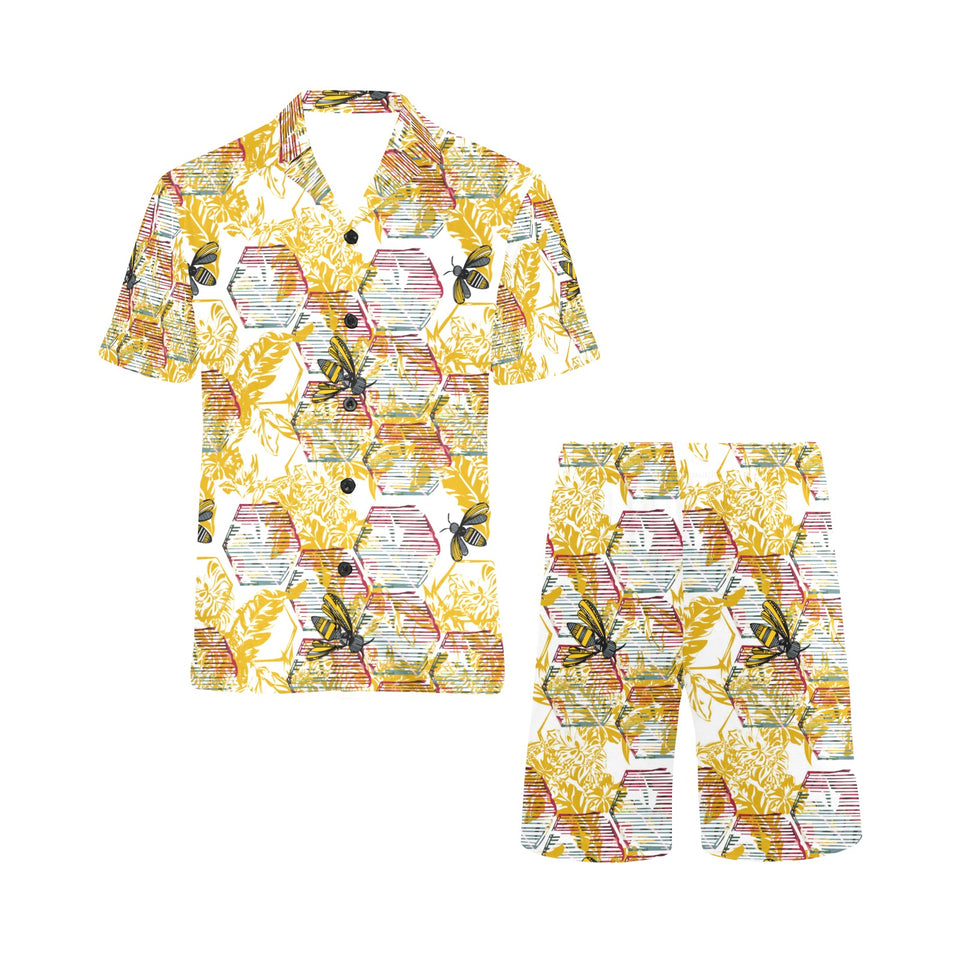 Cool Bee honeycomb leaves pattern Men's V-Neck Short Pajama Set