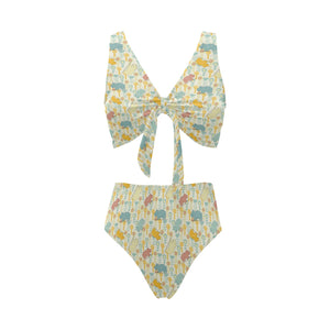 Hippopotamus Pattern Print Design 04 Chest Bowknot High Waisted Bikini Swimsuit