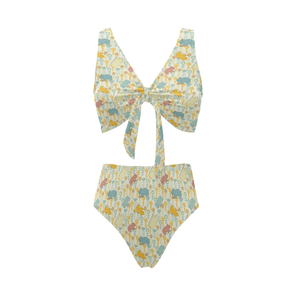 Hippopotamus Pattern Print Design 04 Chest Bowknot High Waisted Bikini Swimsuit