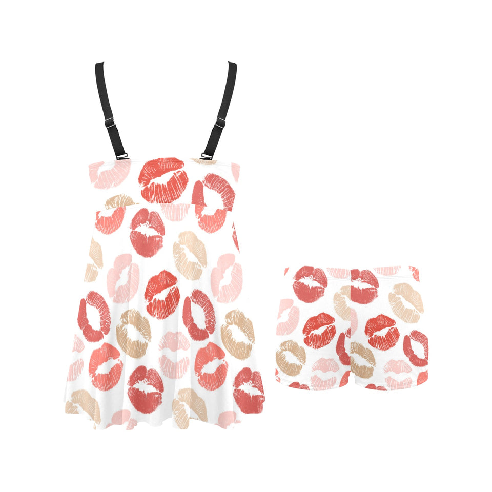 Lips Pattern Print Design 04 Chest Sexy Pleated Two Piece Swim Dress