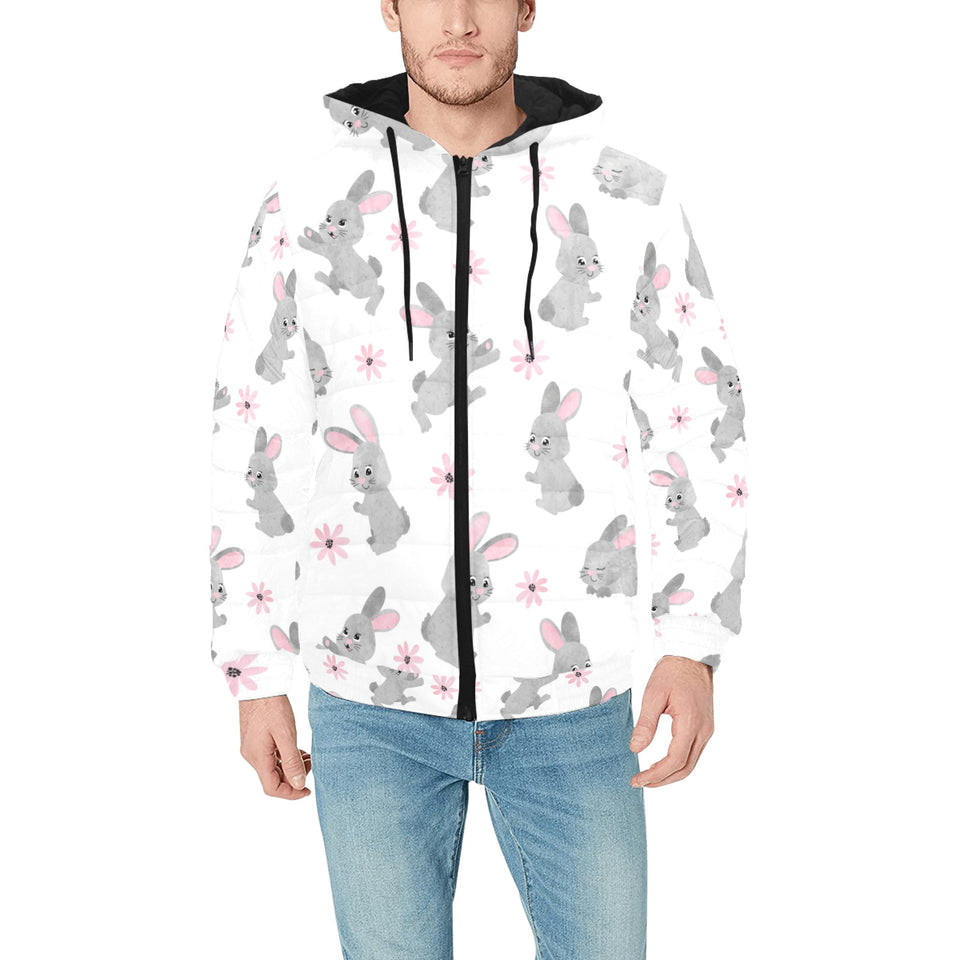 Watercolor cute rabbit pattern Men's Padded Hooded Jacket