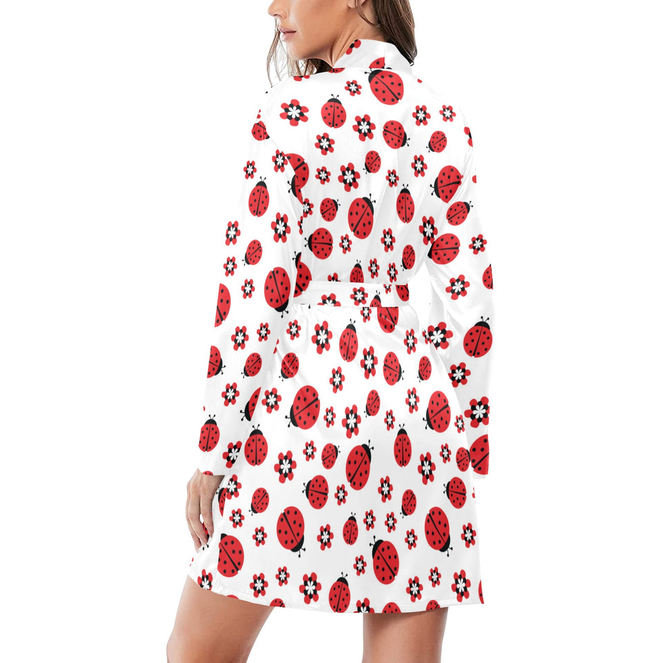 Ladybug Pattern Print Design 04 Women's Long Sleeve Belted Night Robe