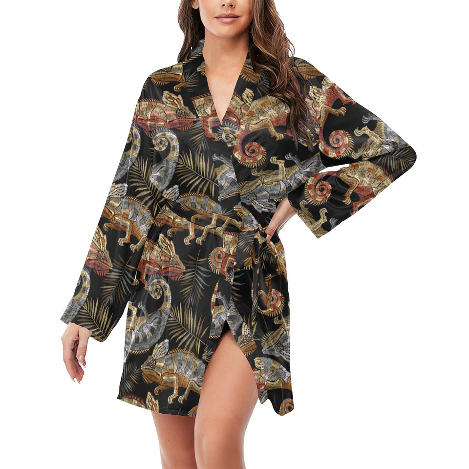 Chameleon lizard tropical leaves palm tree Women's Long Sleeve Belted Night Robe