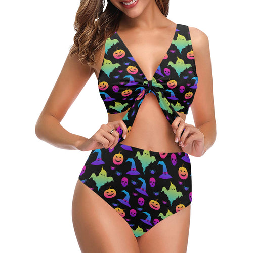 Colorful halloween background Chest Bowknot High Waisted Bikini Swimsuit