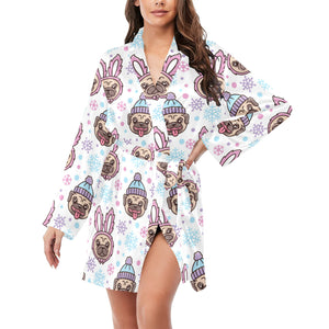 Cute pug hat rabbit costume pattern Women's Long Sleeve Belted Night Robe