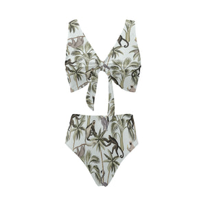 Monkey sloth lemur palm trees pattern Chest Bowknot High Waisted Bikini Swimsuit