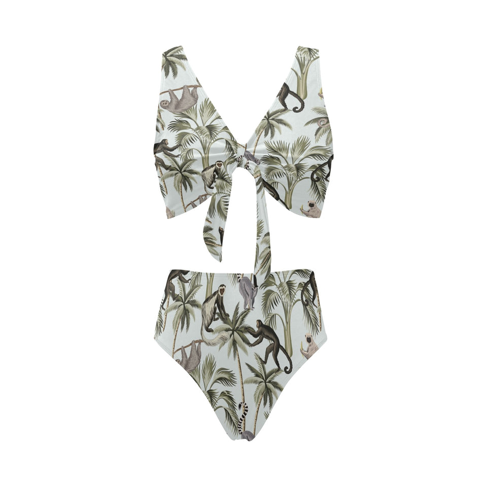 Monkey sloth lemur palm trees pattern Chest Bowknot High Waisted Bikini Swimsuit