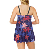 Red blue star pattern Chest Sexy Pleated Two Piece Swim Dress
