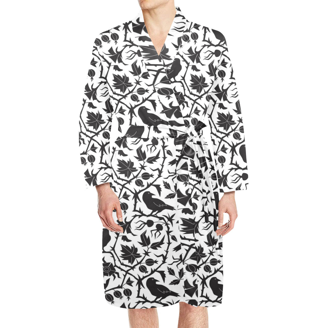 Crow dark floral pattern Men's Long Sleeve Belted Night Robe