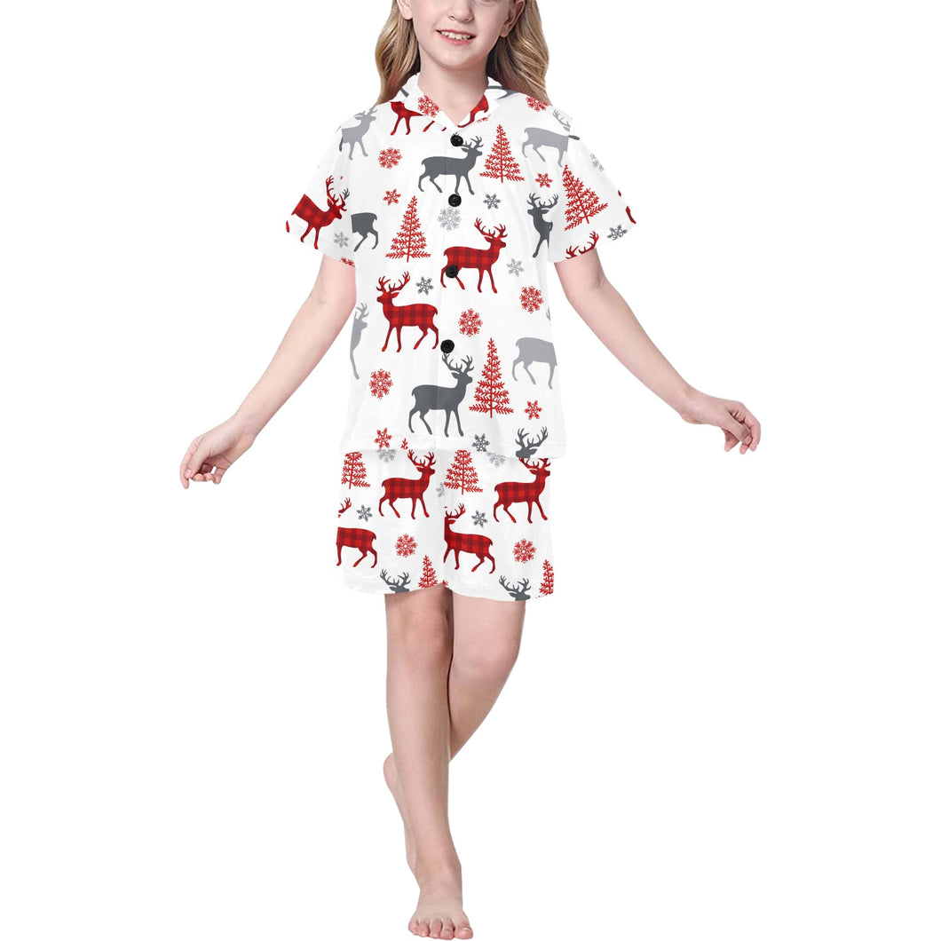 Deer tree snowflakes chrismas pattern Kids' Boys' Girls' V-Neck Short Pajama Set