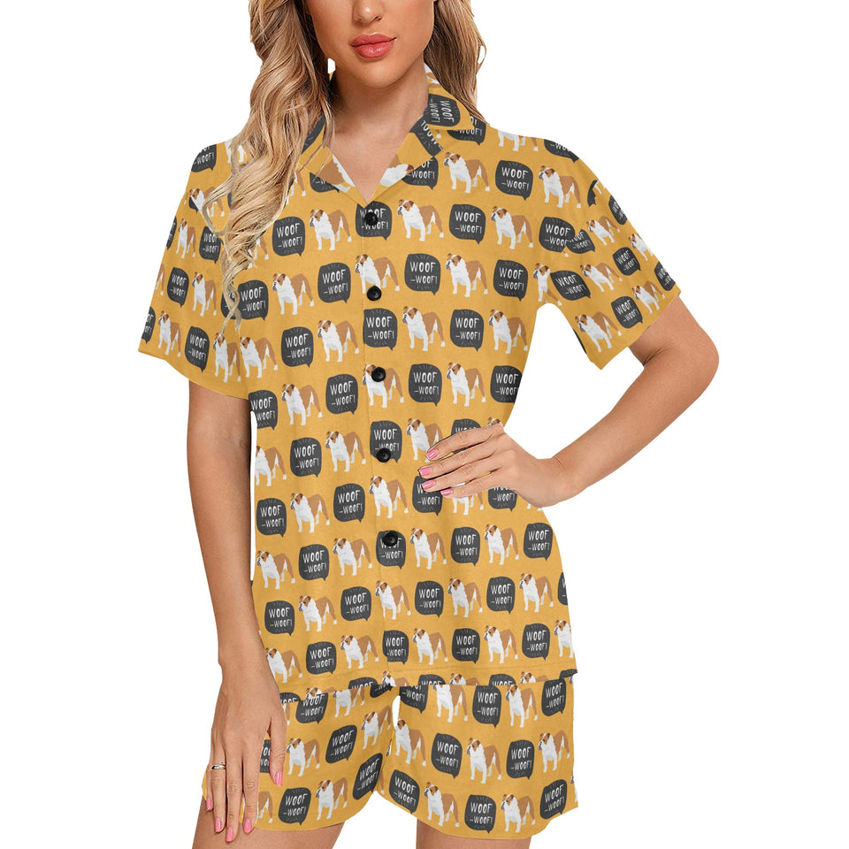 English Bulldog Pattern Print Design 04 Women's V-Neck Short Pajama Set