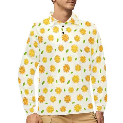 oranges leaves pattern Men's Long Sleeve Polo Shirt