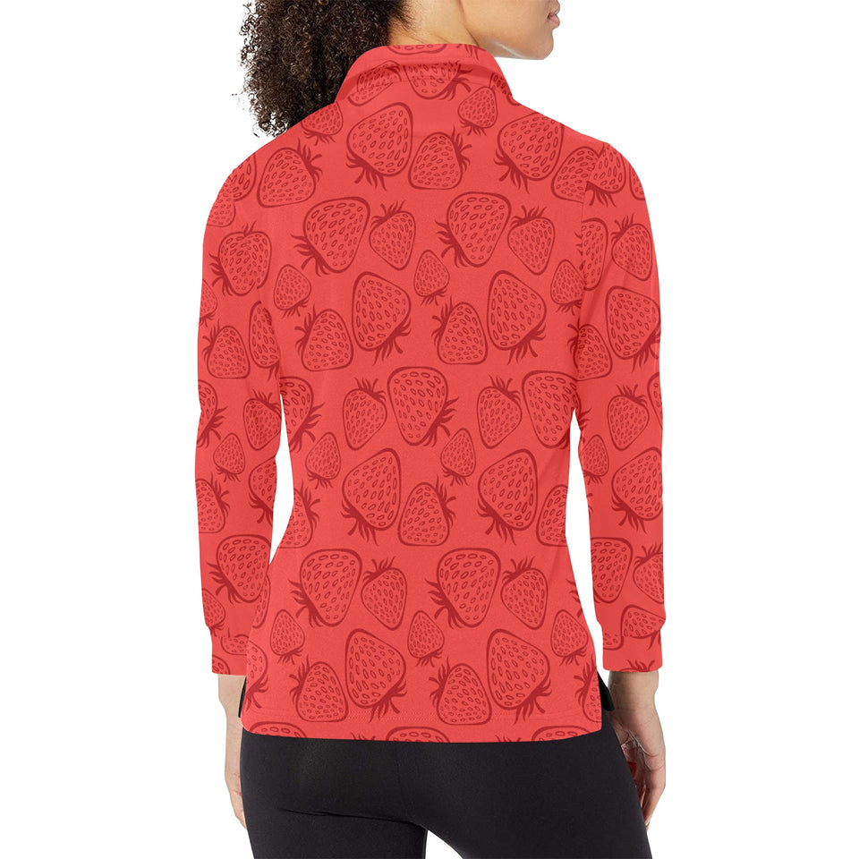 strawberry pattern red background Women's Long Sleeve Polo Shirt